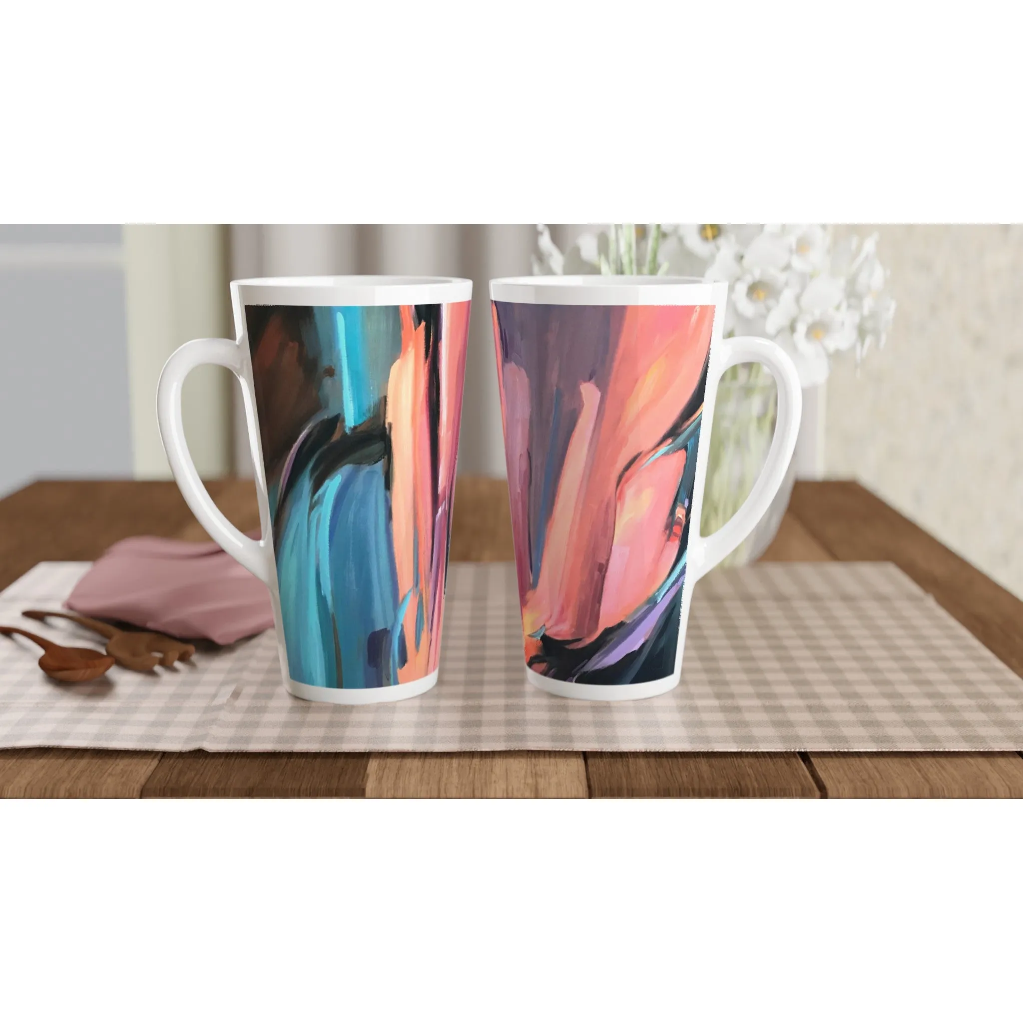 17oz White Ceramic Latte Mug | Coffee Cup with 'Colorscape' Abstract Artwork by American Artist Barbara Cleary