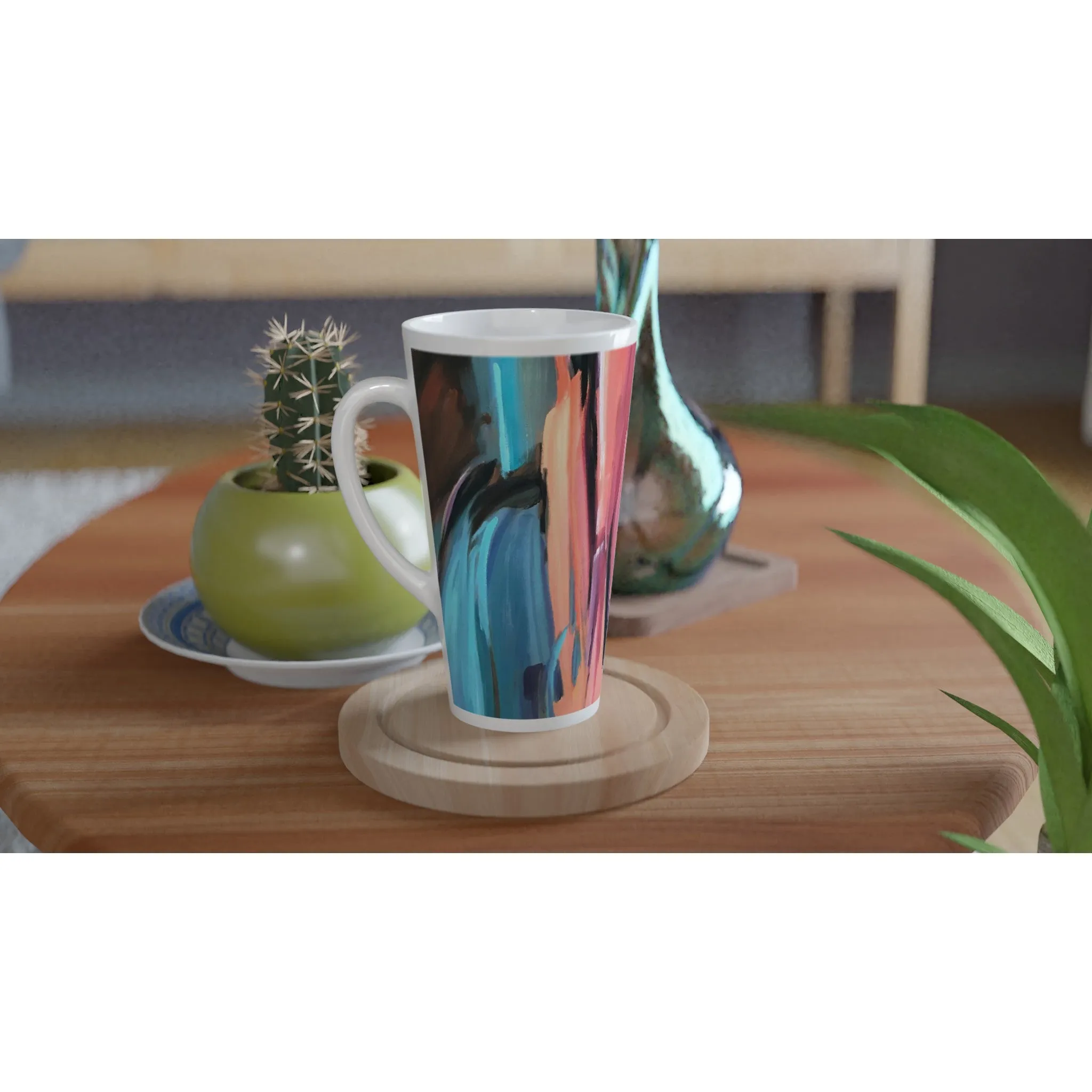 17oz White Ceramic Latte Mug | Coffee Cup with 'Colorscape' Abstract Artwork by American Artist Barbara Cleary