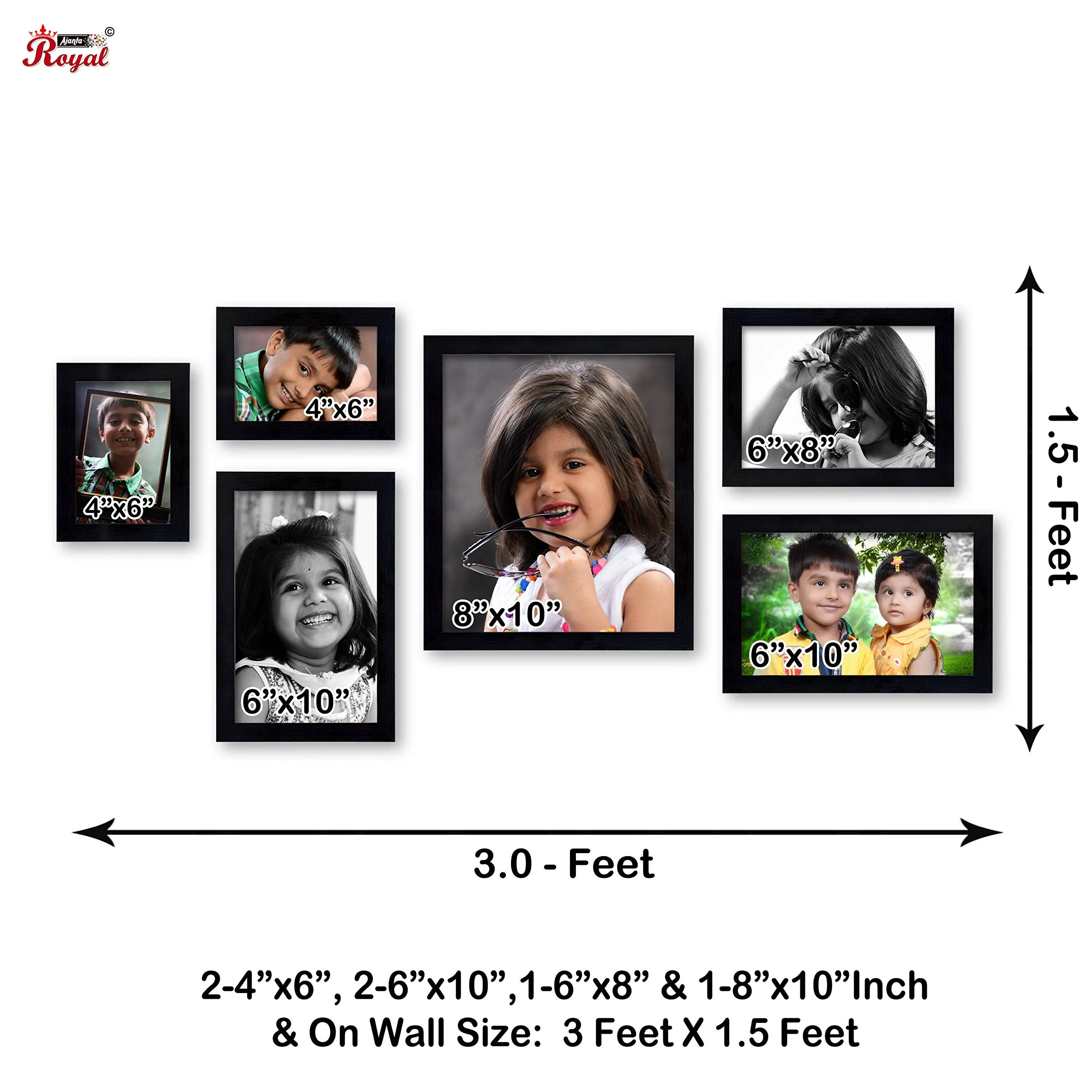 AJANTA ROYAL Individual Photo Frames (2-4x6,2-6x10,1-6x8,1-8x10 Inch) (Black)-Set of 6