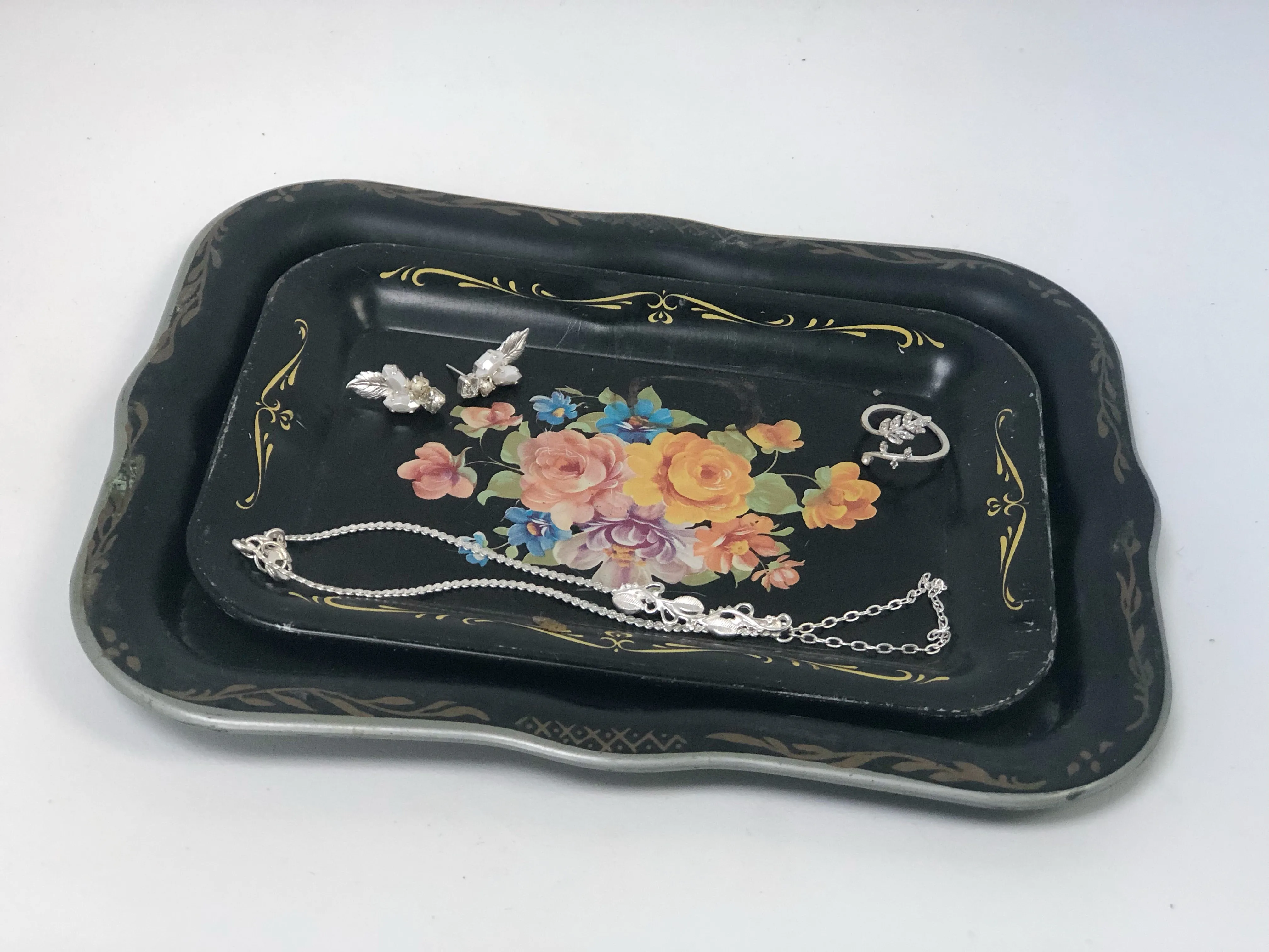 Antique Black Floral Tray Set