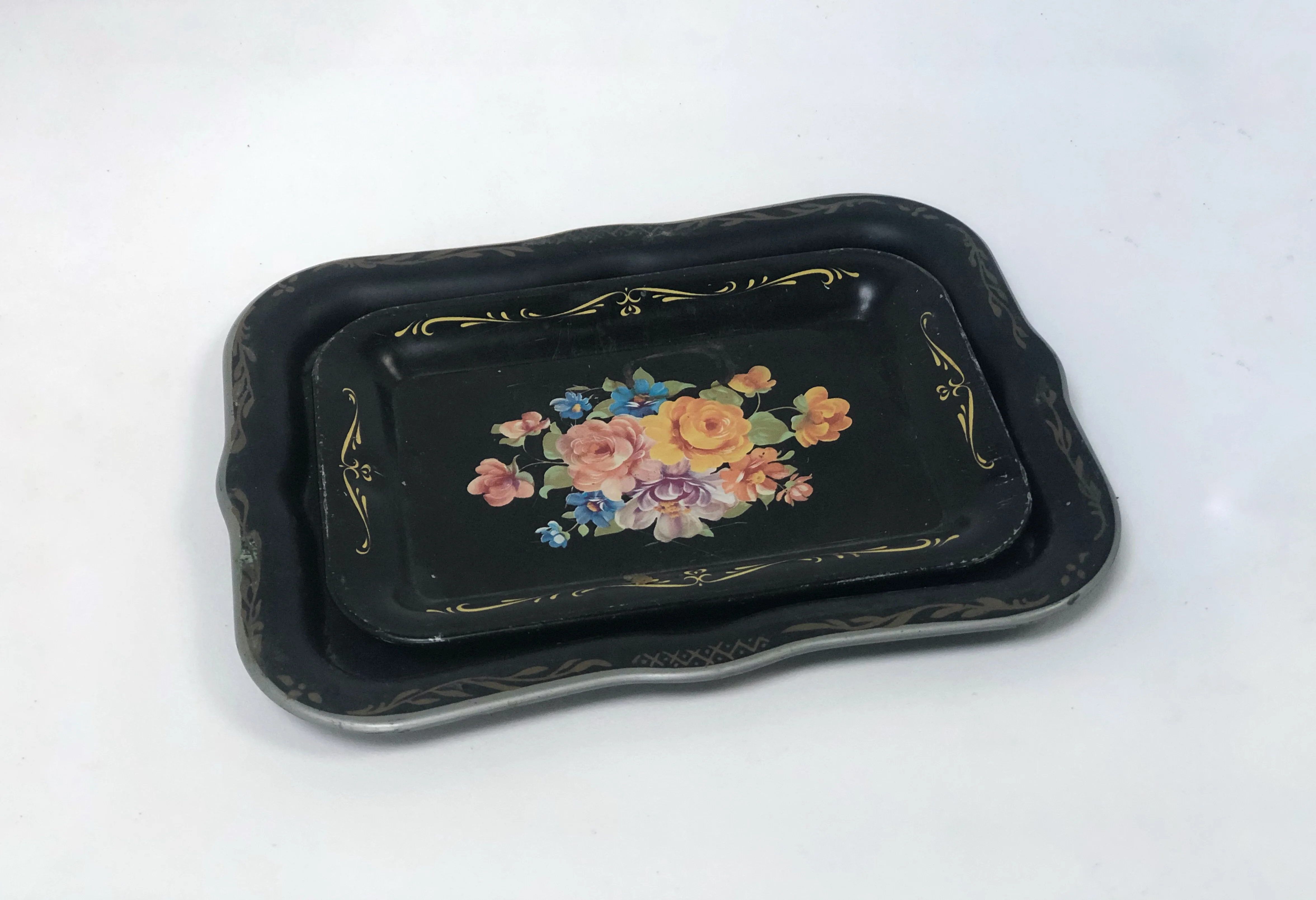 Antique Black Floral Tray Set