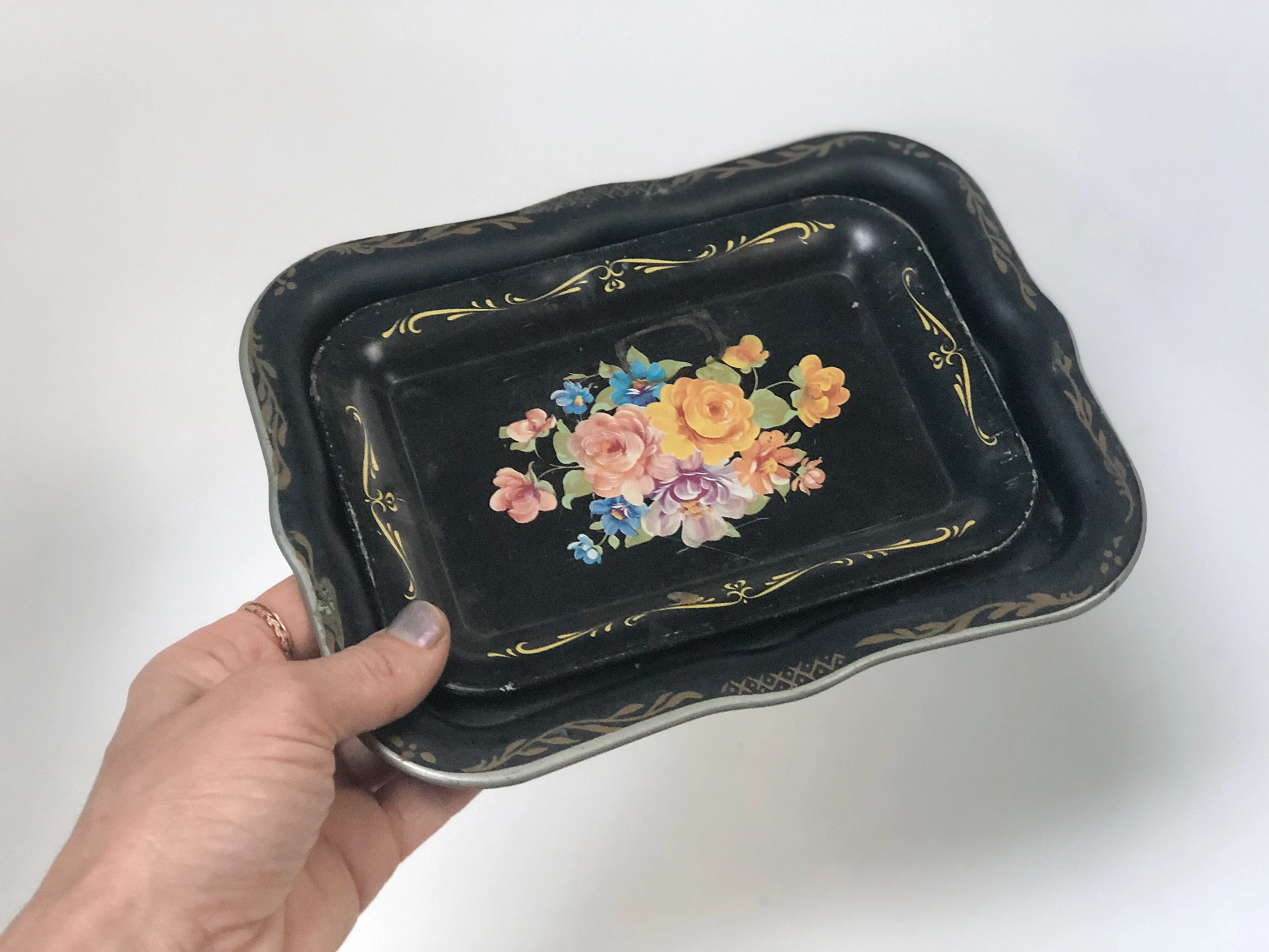 Antique Black Floral Tray Set