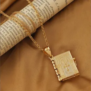Bible shaped pendant  with engraved cross necklace