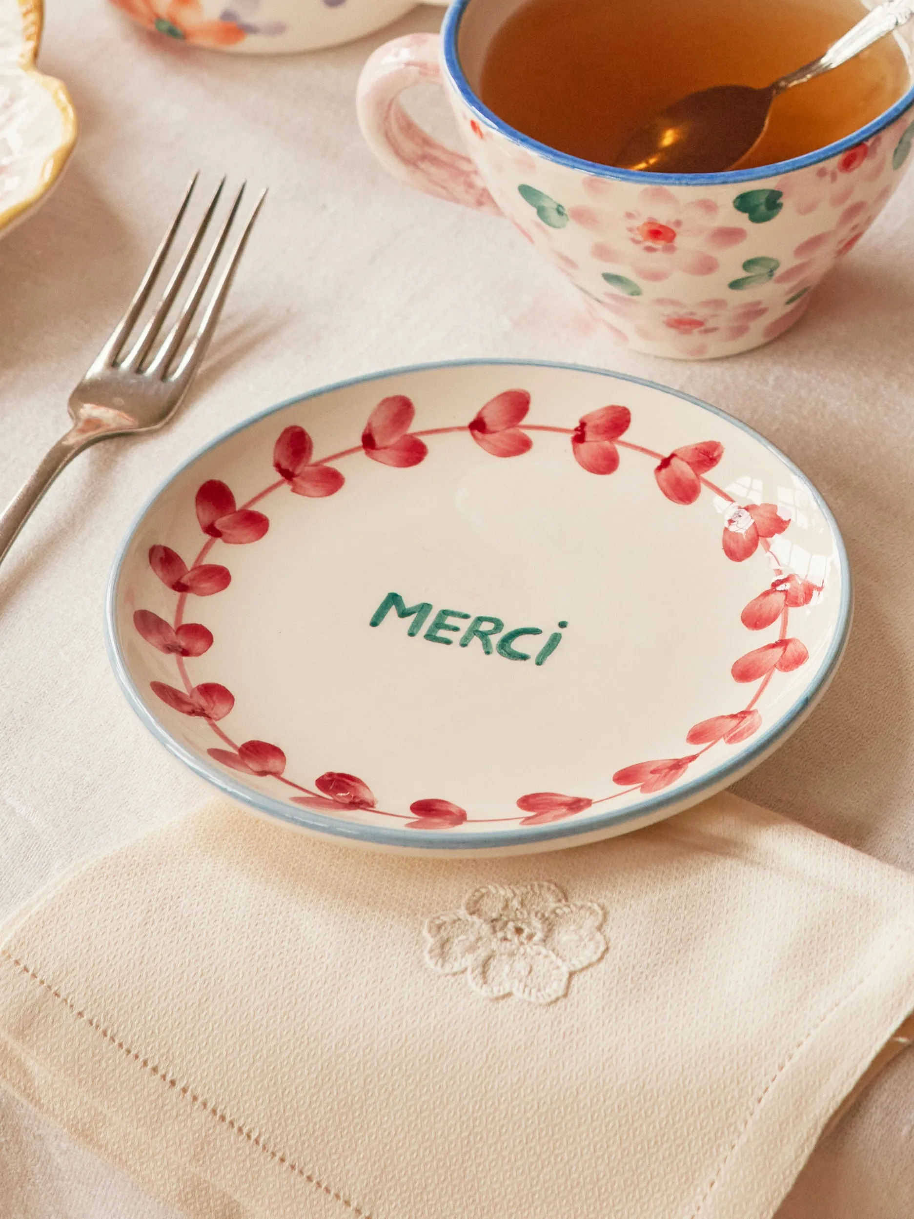 Ceramic Cake Plate with Hand Painted Merci