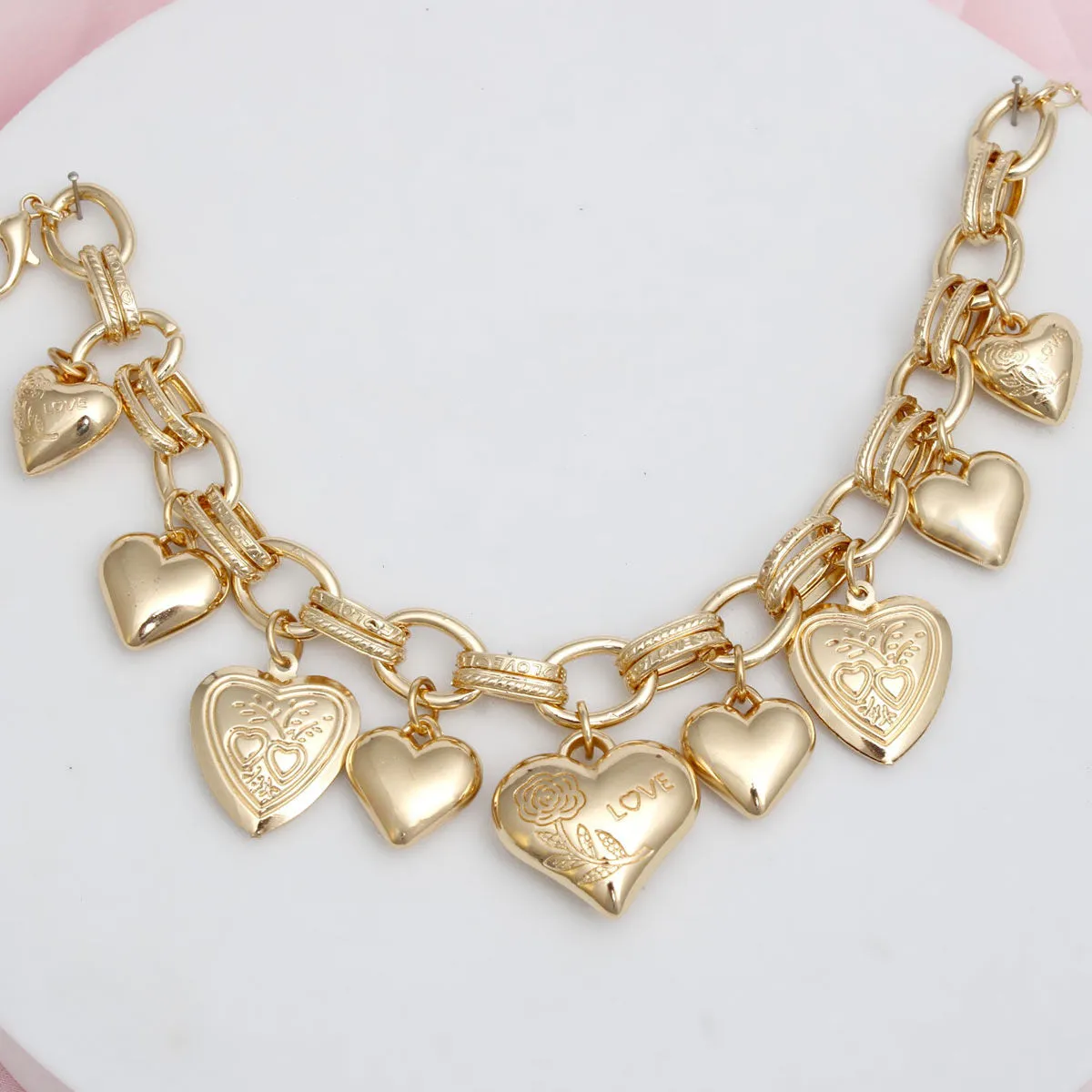 Charm Bracelet Gold Puffy Heart Chain for Women