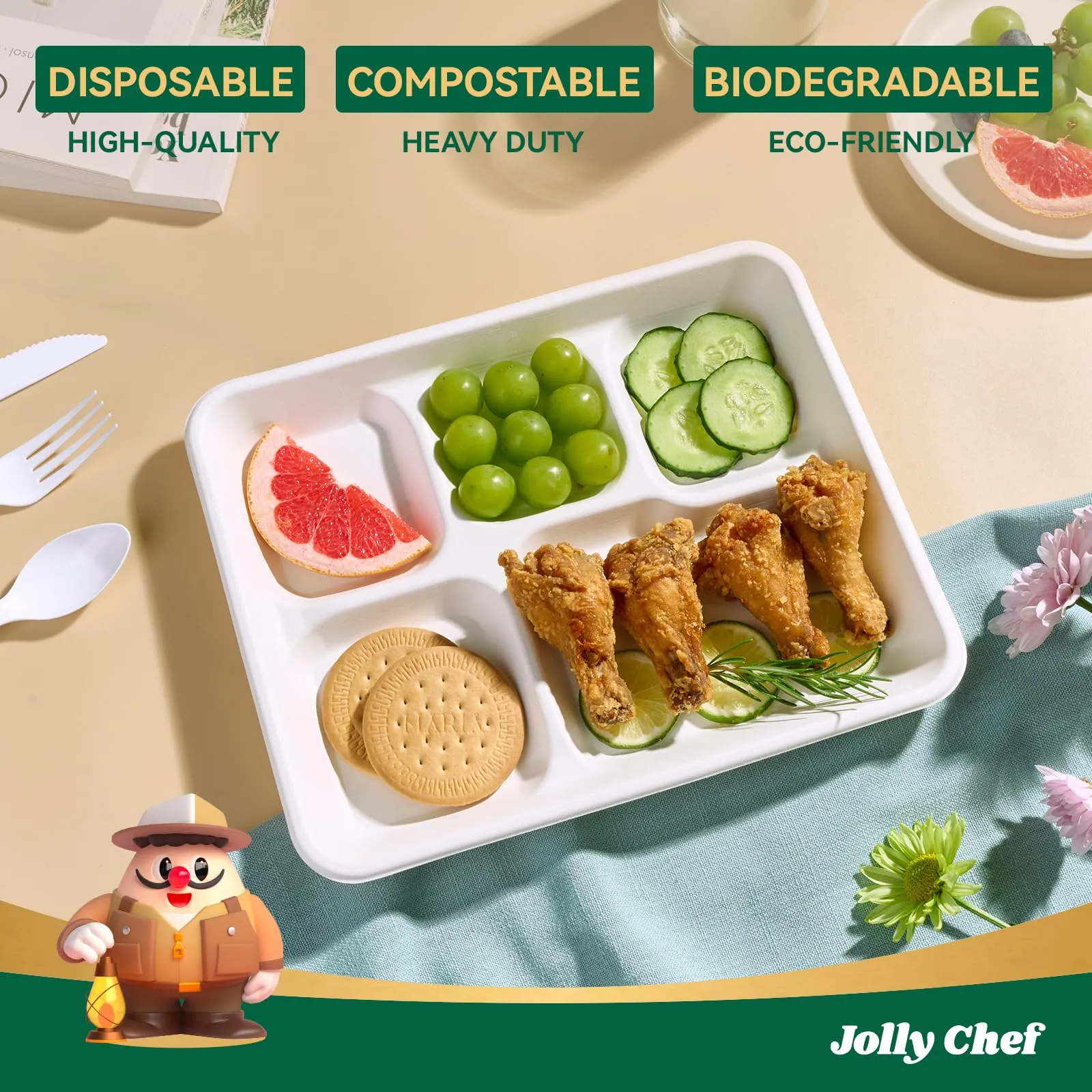 Compostable Square 5 Compartment Plates