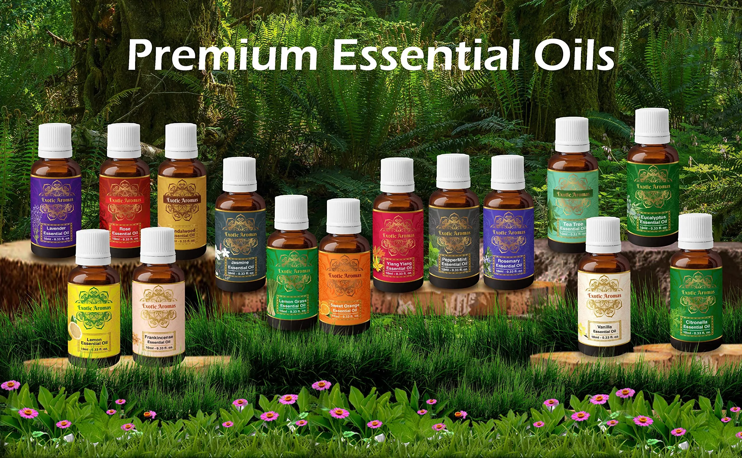 Exotic Aromas Essential Oil Pack of 15 Lavender Rose Sandalwood Jasmine Orange Rosemary Lemongrass Ylang Ylang Tea Tree Peppermint Eucalyptus Lemon Frankincense Vanilla Citronella