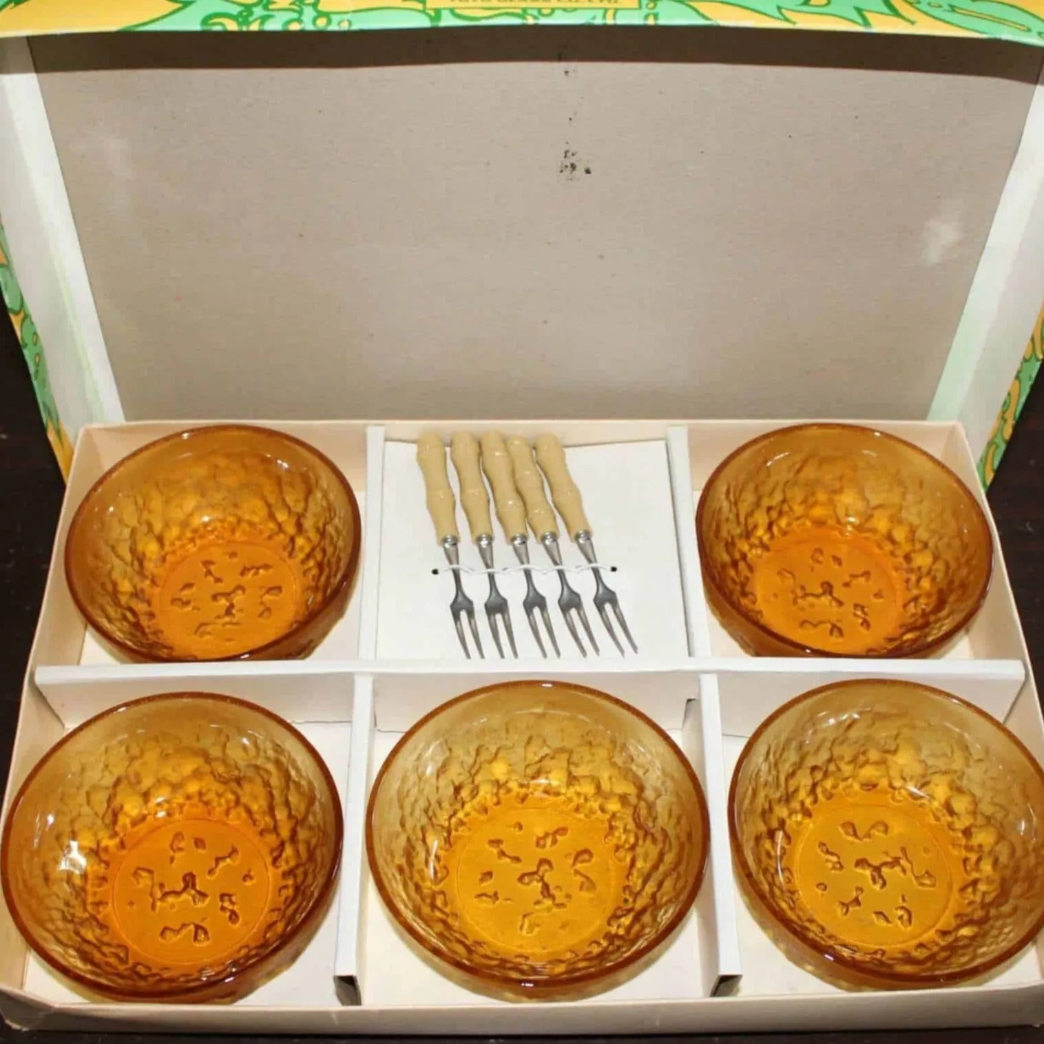 Fruit / Dessert Bowls, Toyo, Amber Glass with Forks, Vintage