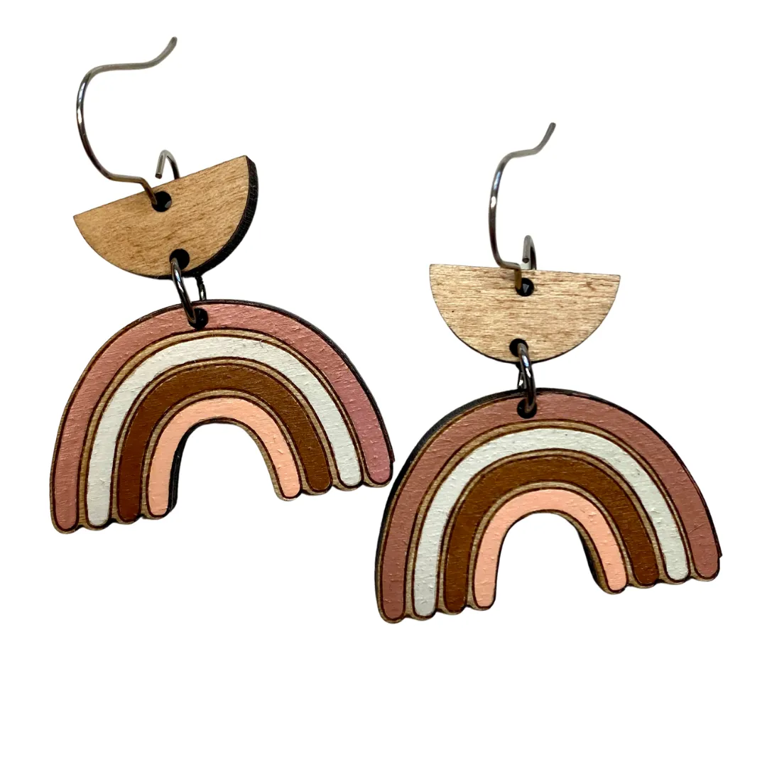 Neutral Rainbow Wood Hand Painted Earrings