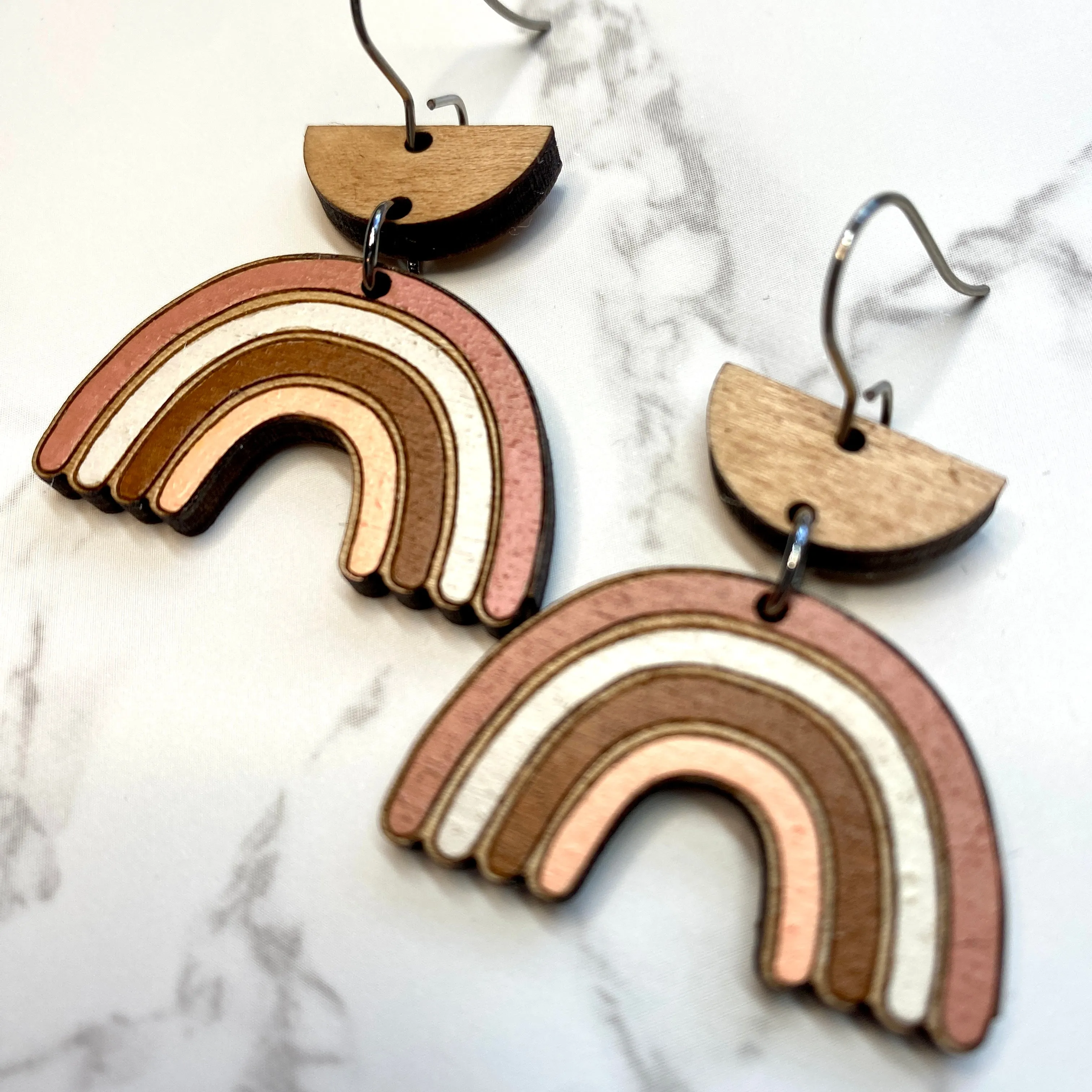 Neutral Rainbow Wood Hand Painted Earrings