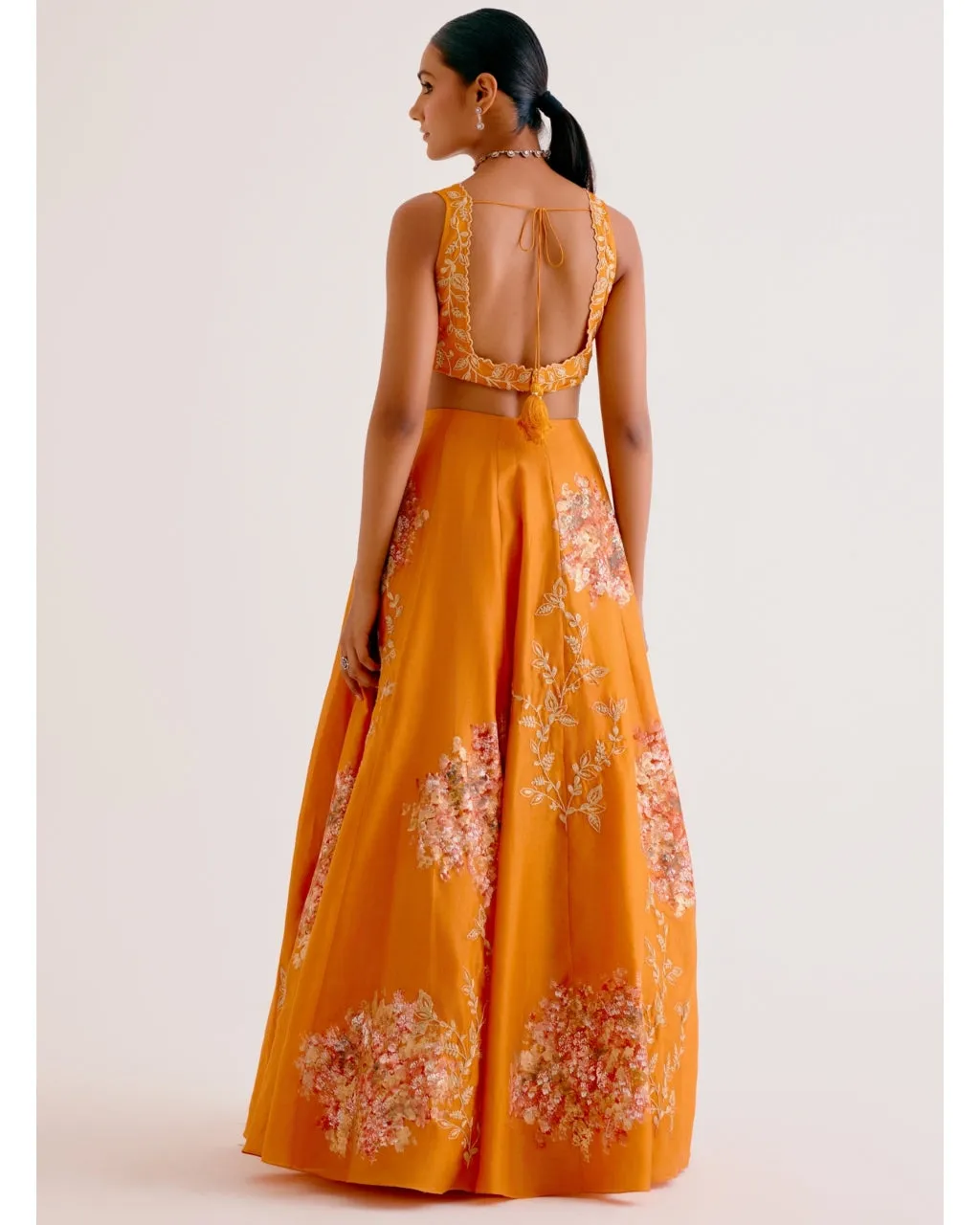 Orange Silk Chanderi Hand-Painted Lehenga Set