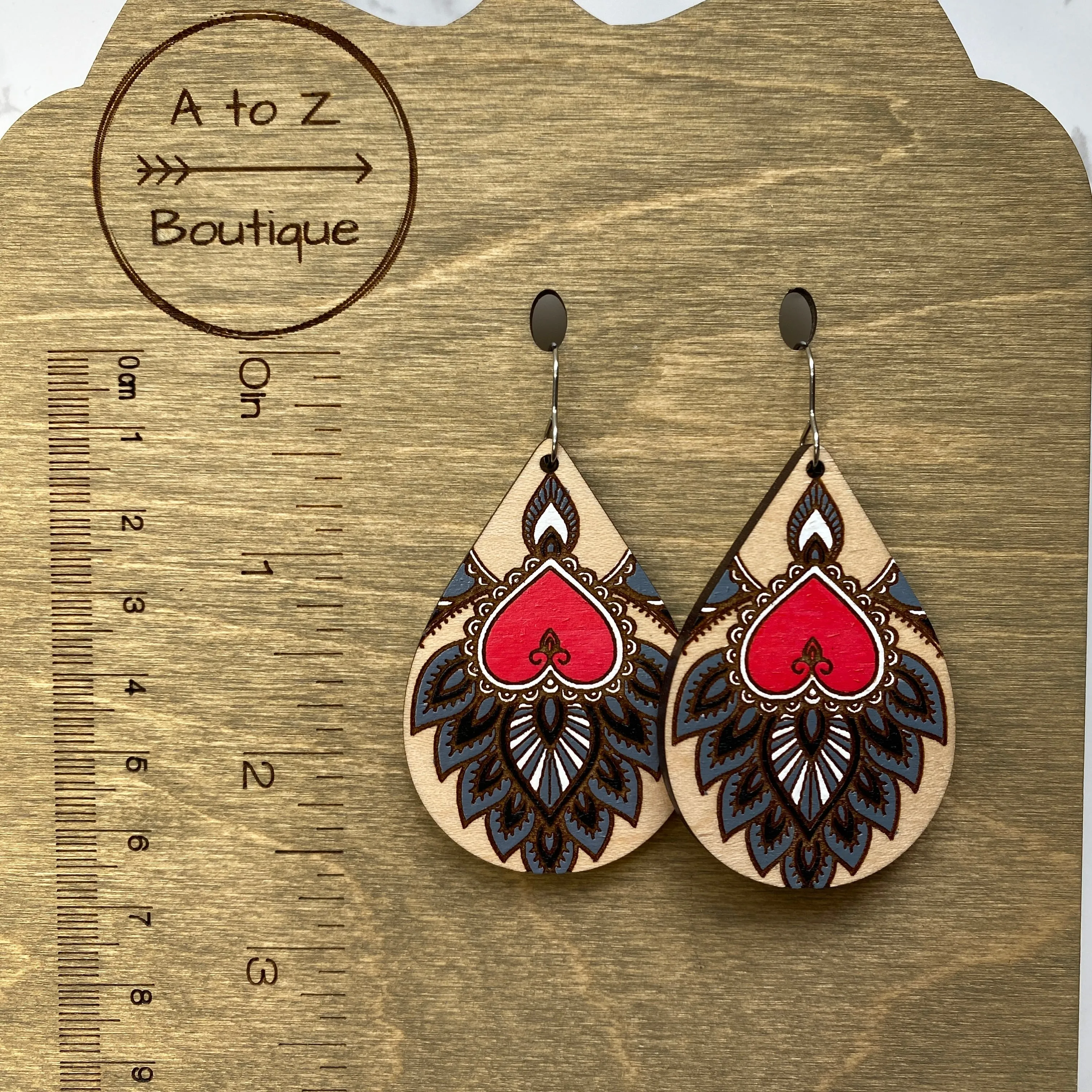 Red Heart Mandala Teardrop Wood Hand Painted Earrings