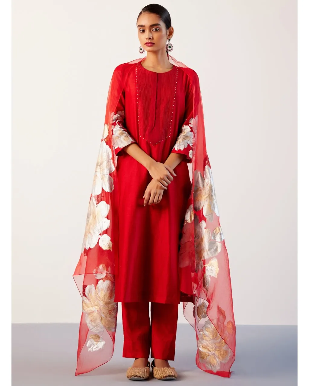 Red Silk Chanderi Hand-Painted Kurta Set