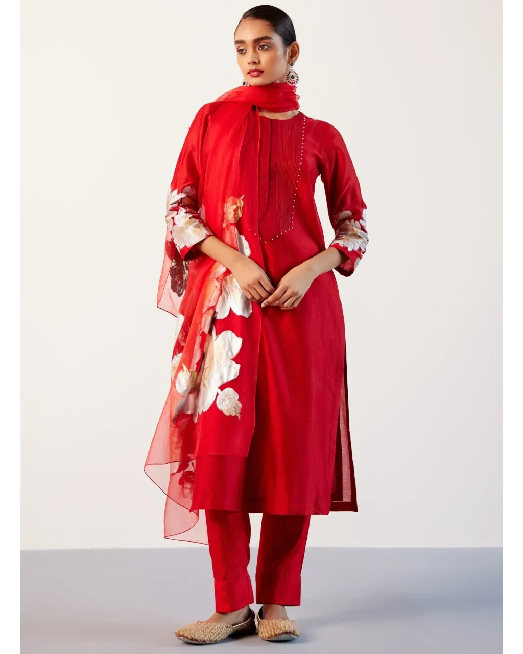 Red Silk Chanderi Hand-Painted Kurta Set