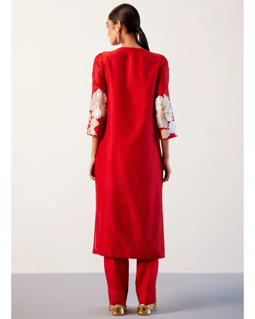 Red Silk Chanderi Hand-Painted Kurta Set
