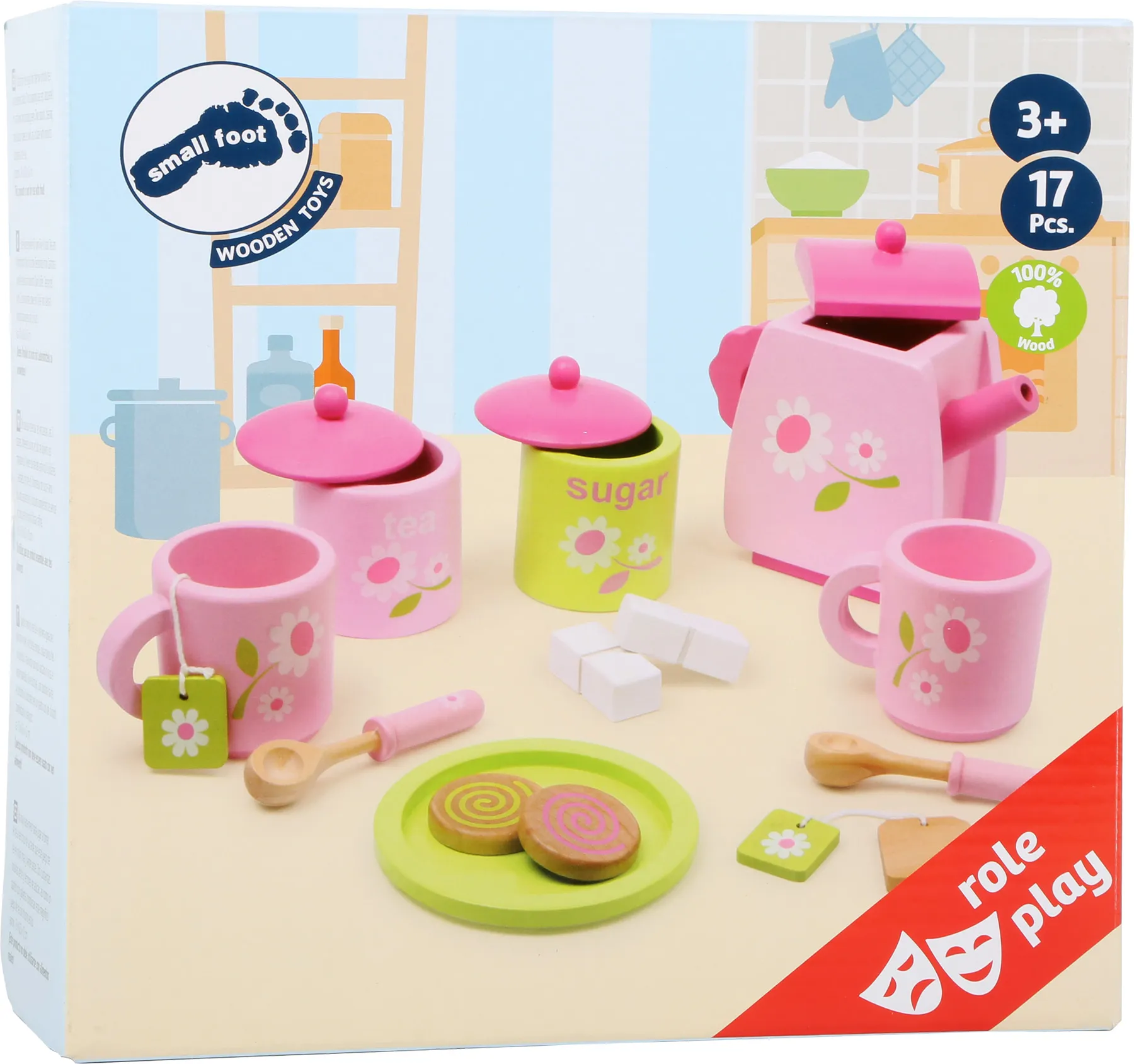 Small Foot Tea Set With Floral Pattern Wooden Toy