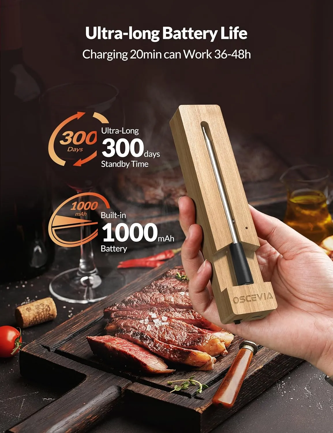 Smart Wireless Meat Thermometer - Bluetooth, Alert, 262ft Range, IP67 Waterproof - Dishwasher Safe for Smoker, BBQ, Kitchen