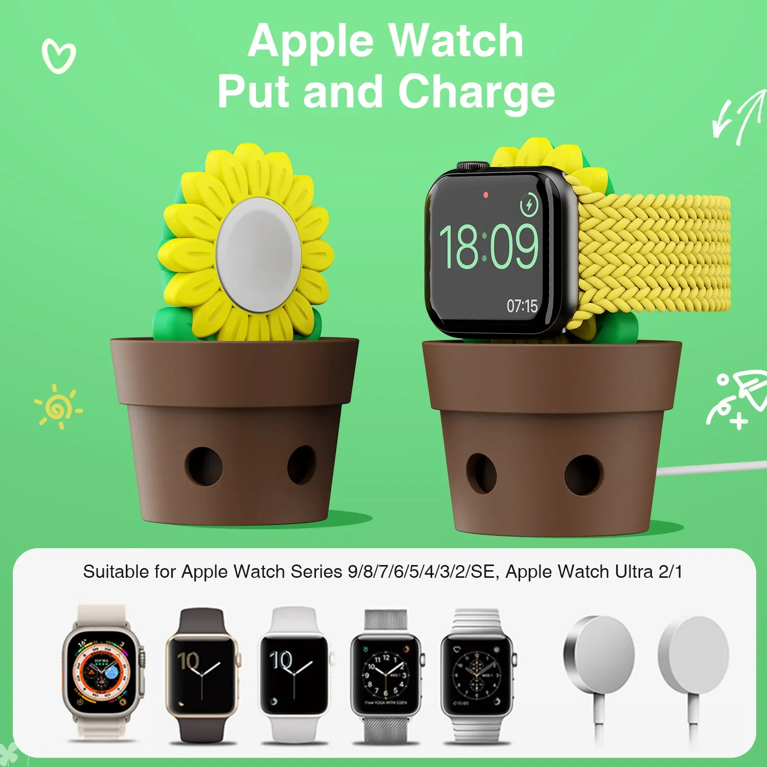 Sunflower Charger Stand for Apple Watch Series Ultra2/Ultra/9/8/SE2/7/6/SE/5/4/3/2/1, Galaxy Watch6/5 - Silicone Desk Stand