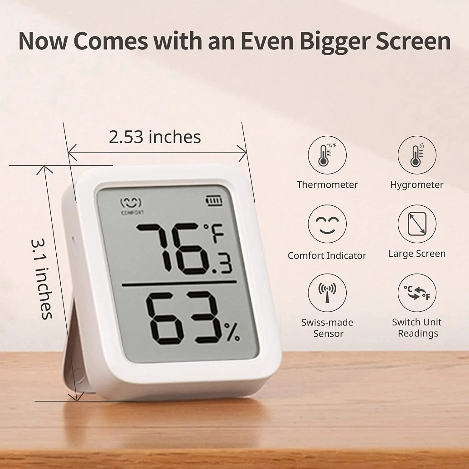 Switchbot Thermometer Hygrometer, Bluetooth Indoor Humidity Meter for Home, Temperature Sensor with App Control, Large LCD Display, Notification Alerts, 2-Year Data Storage Export