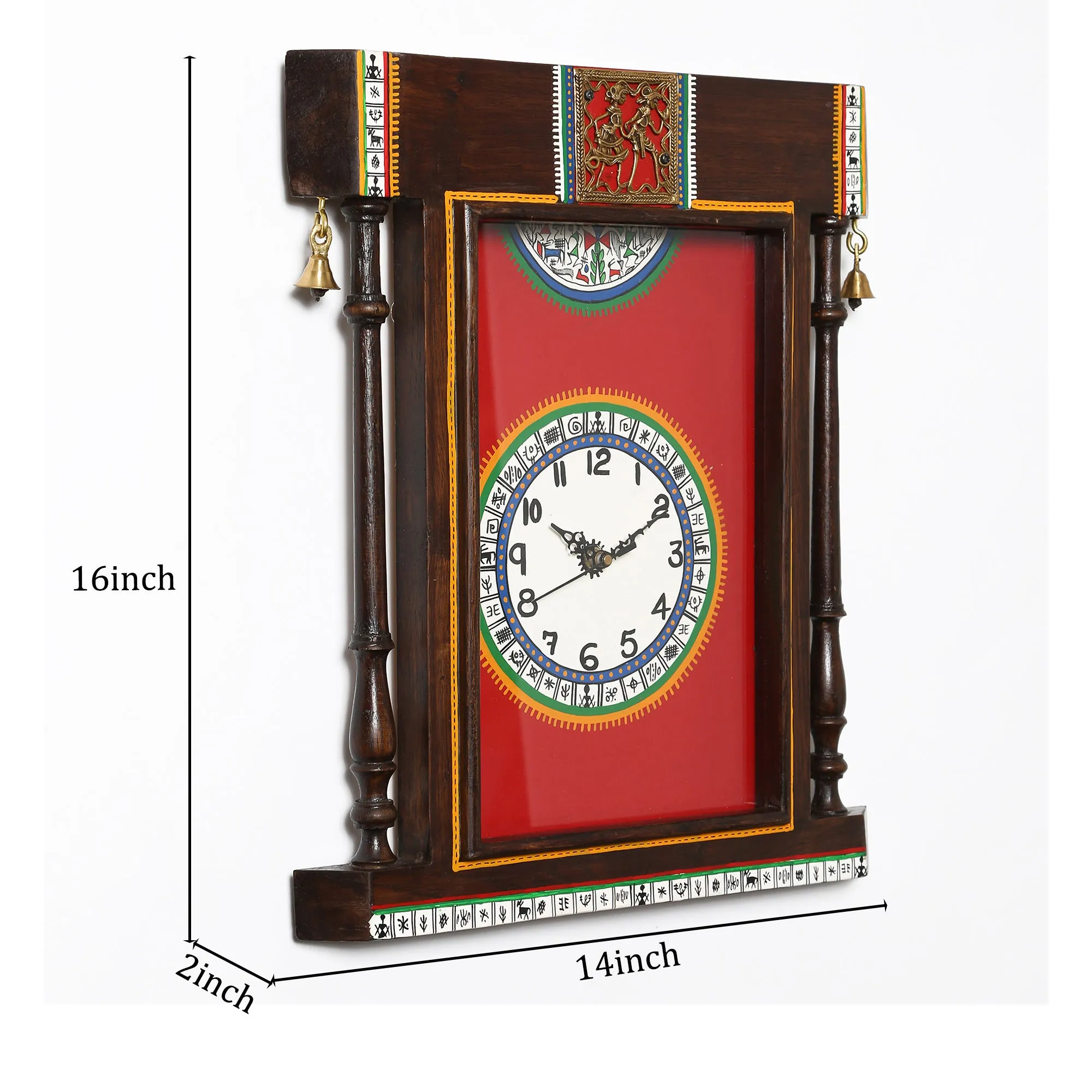 Wall Clock Handcrafted Warli Art Red Dial with Glass Frame (14x16)
