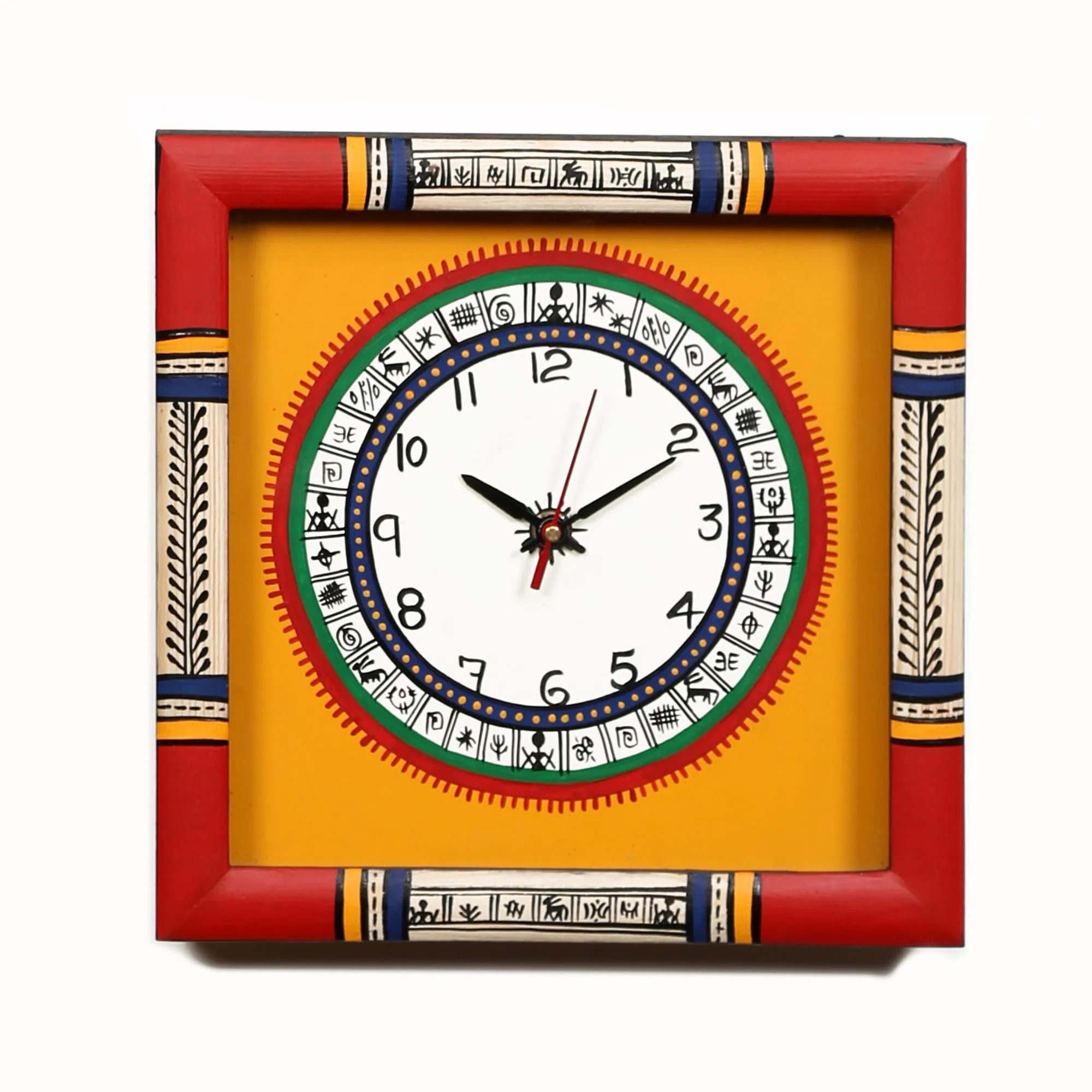 Wall Clock Handcrafted Warli Art Yellow Dial with Glass Frame (10x10in)