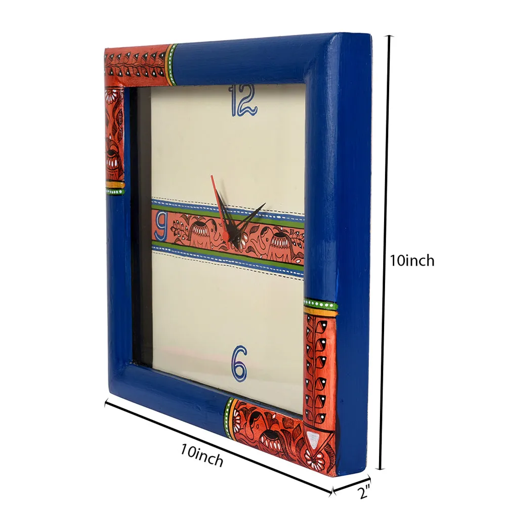 Wall Clock Handcrafted with Madhubani Art Blue Frame with Glass (10x2x10)